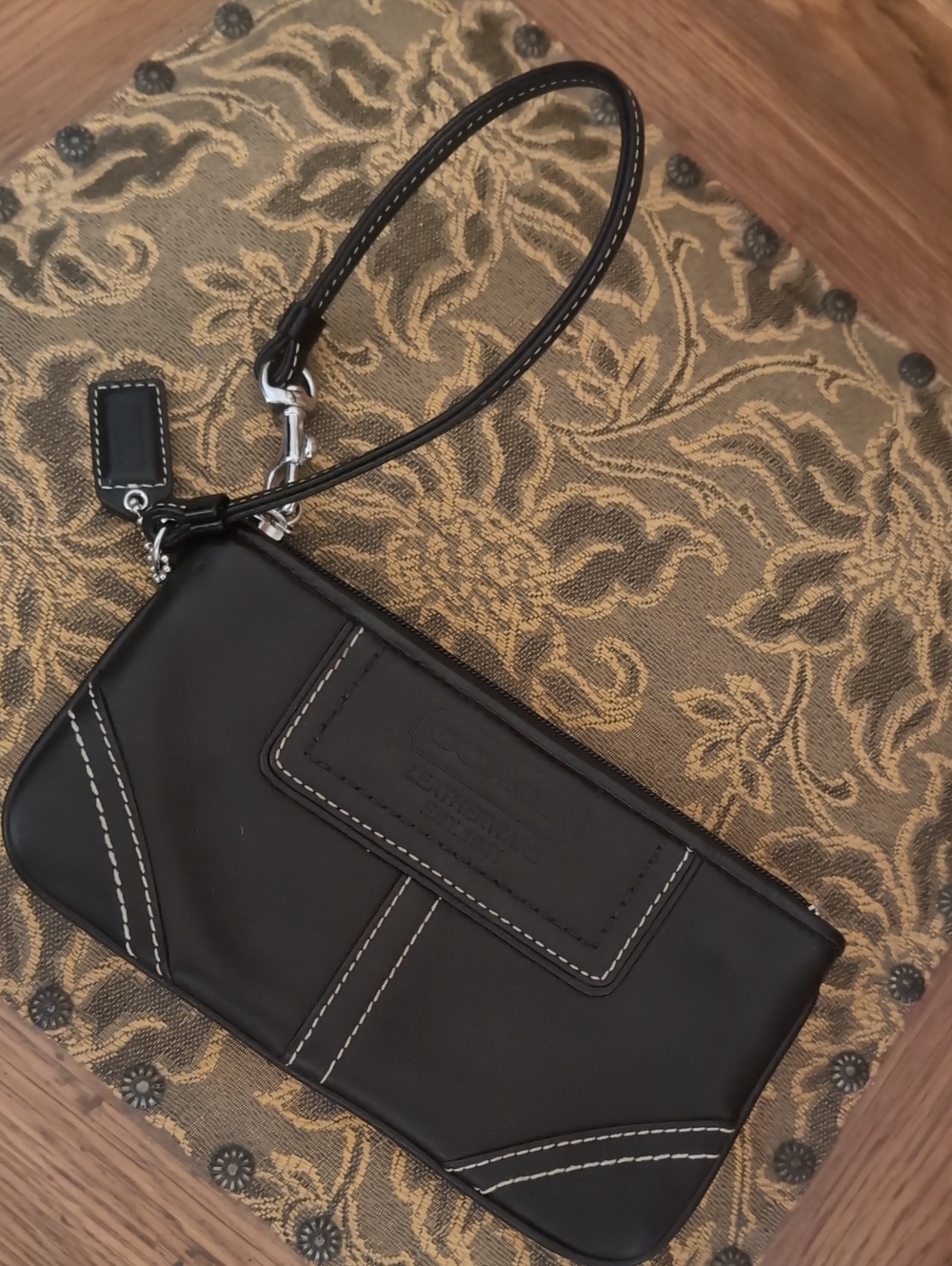 Coach Black Leather Wristlet with White Stitching